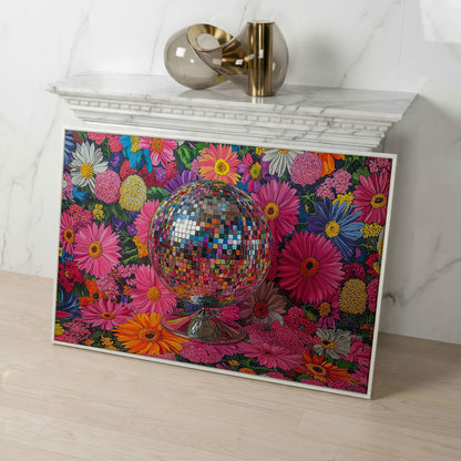 Floral Disco Ball Canvas Print with Pink Hues in white floating frame