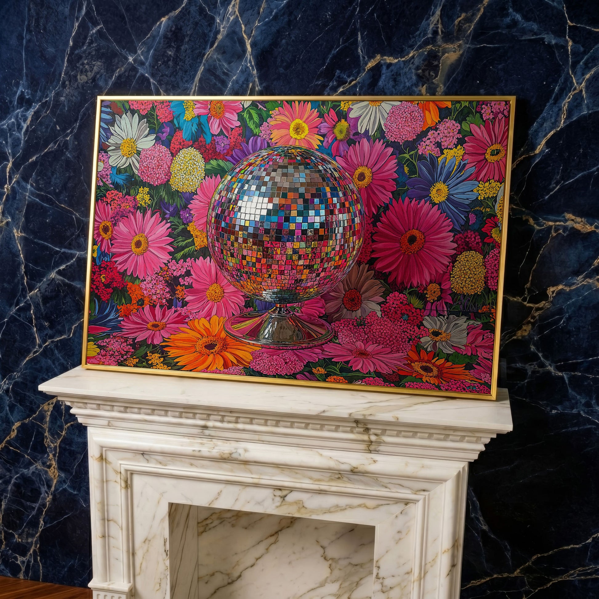 Floral Disco Ball Canvas Print with Pink Hues in yellow gold floating frame