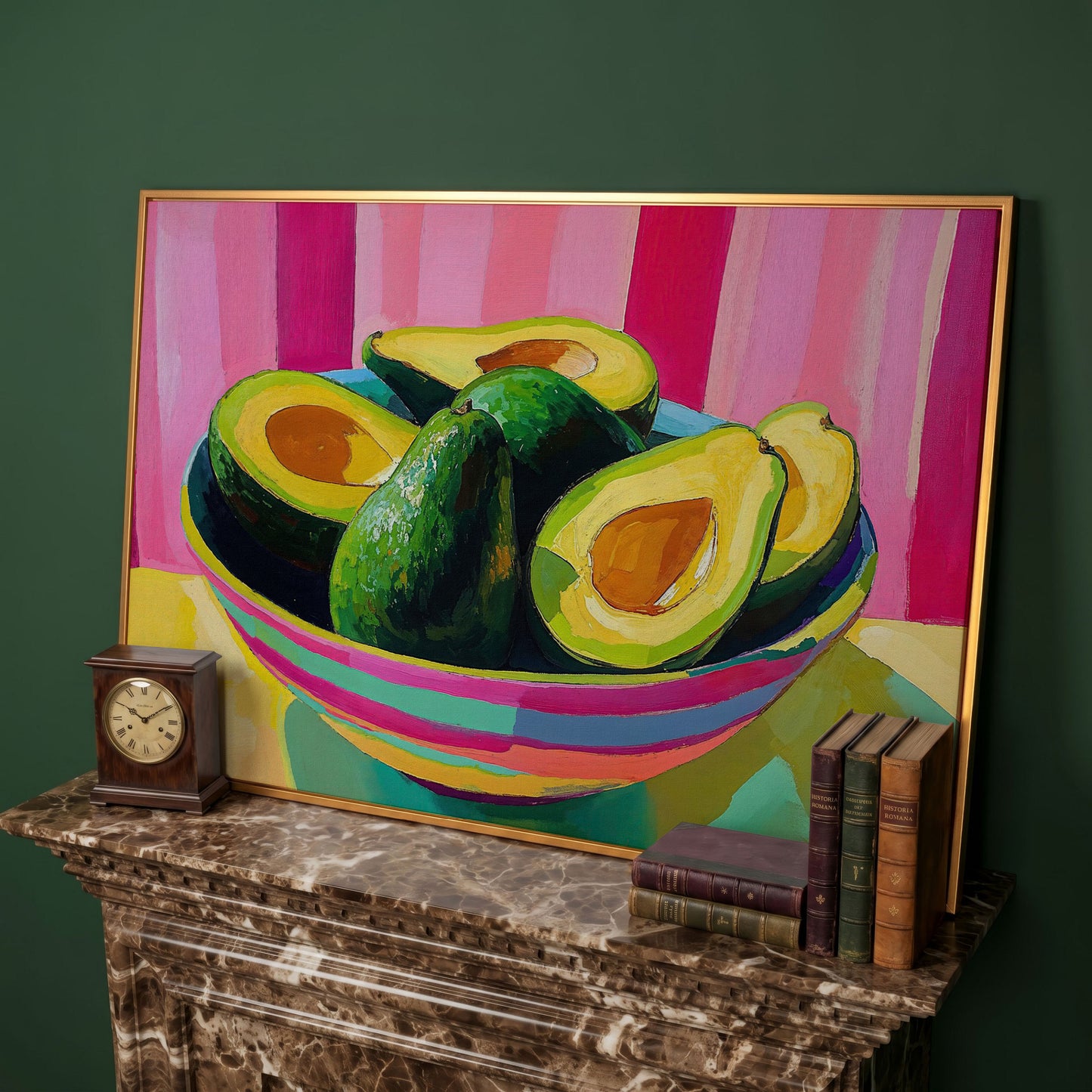 Avocado and Hot Pink Stripes Canvas in antique gold floating frame