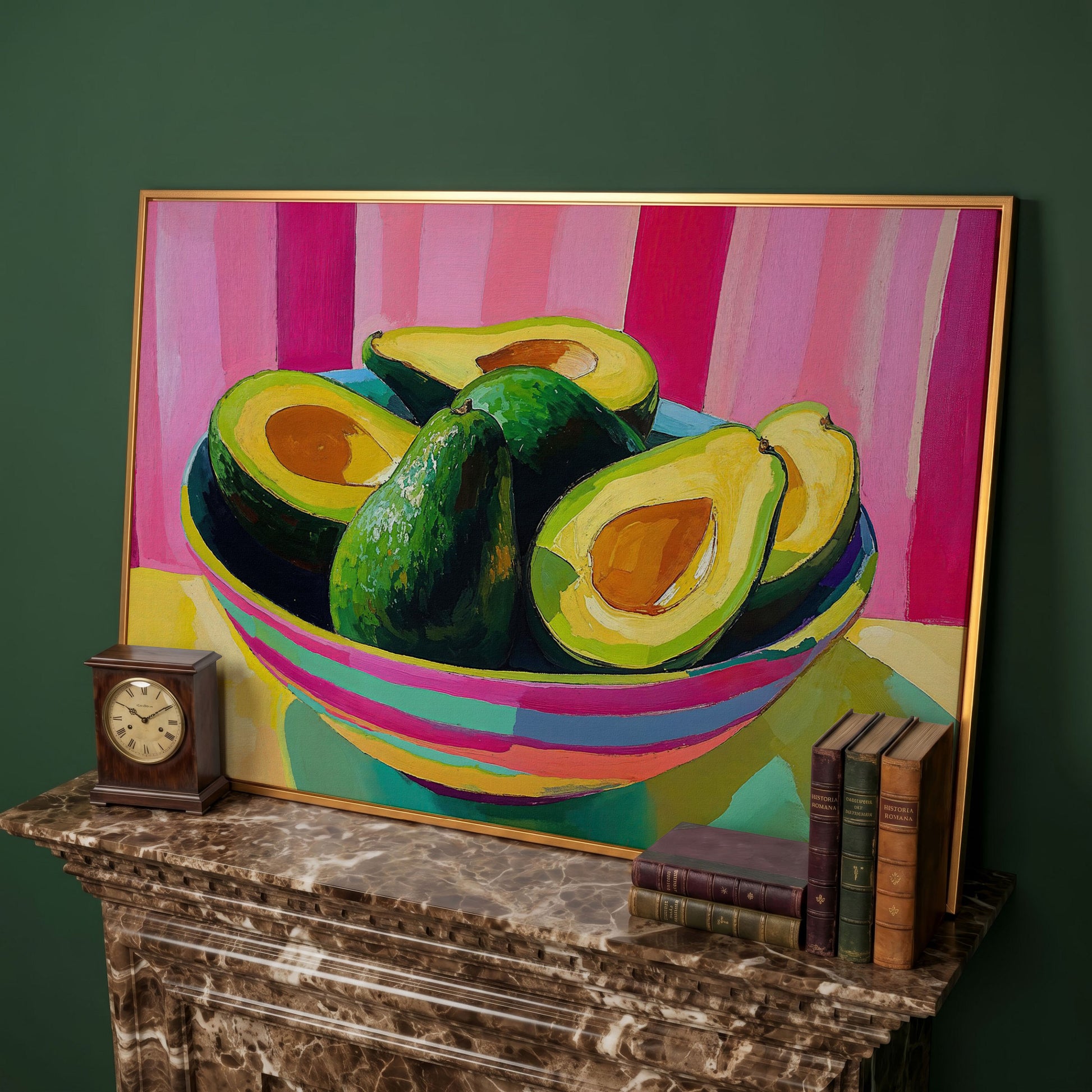 Avocado and Hot Pink Stripes Canvas in antique gold floating frame