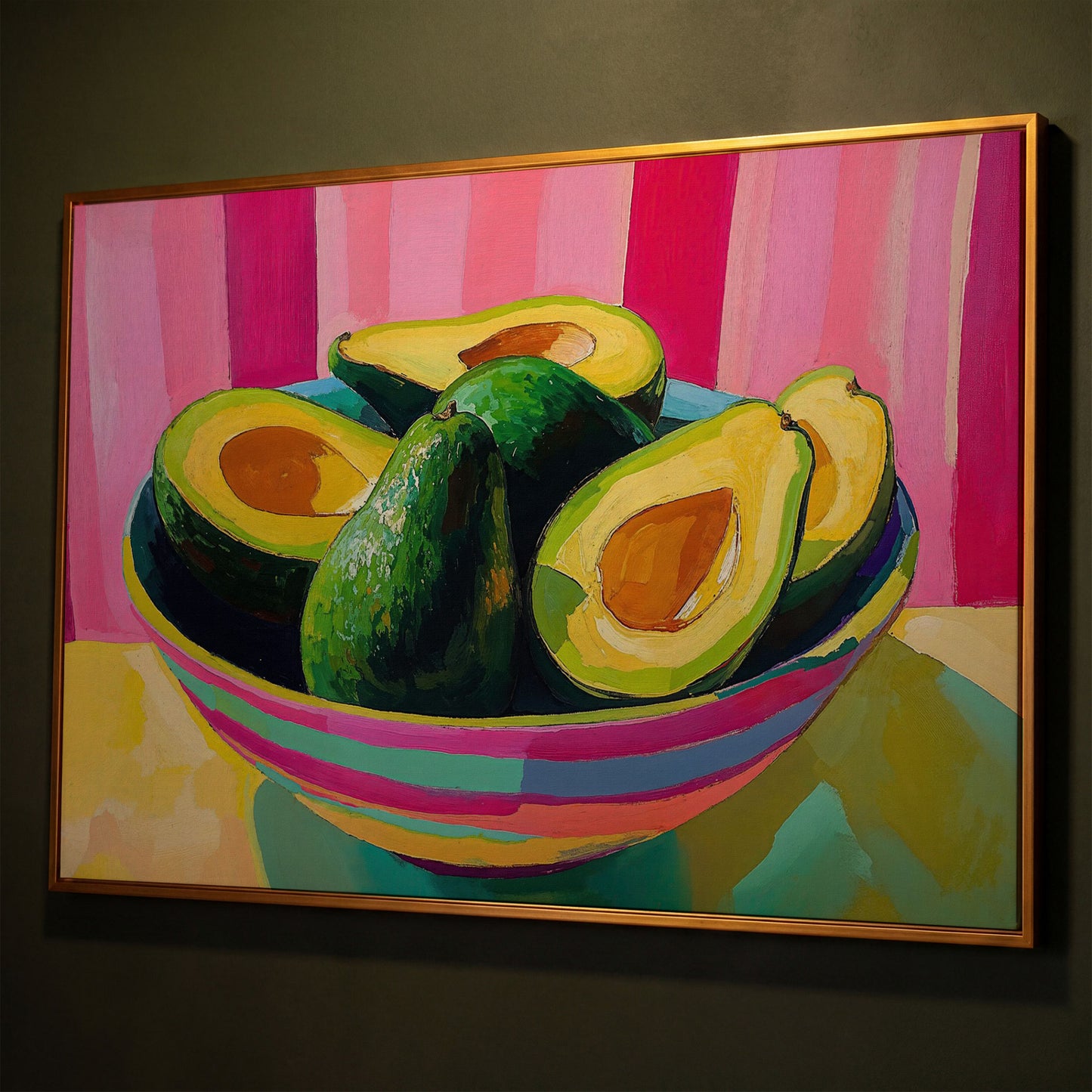 Avocado and Hot Pink Stripes Canvas shown in antique gold floating frame