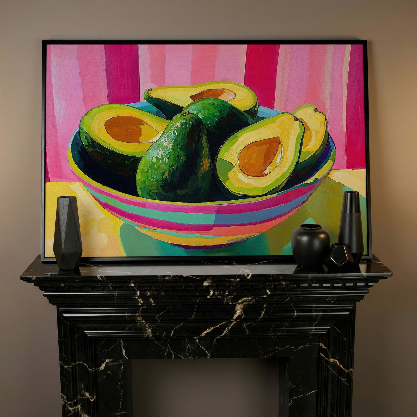 Avocado and Hot Pink Stripes Canvas in black floating frame