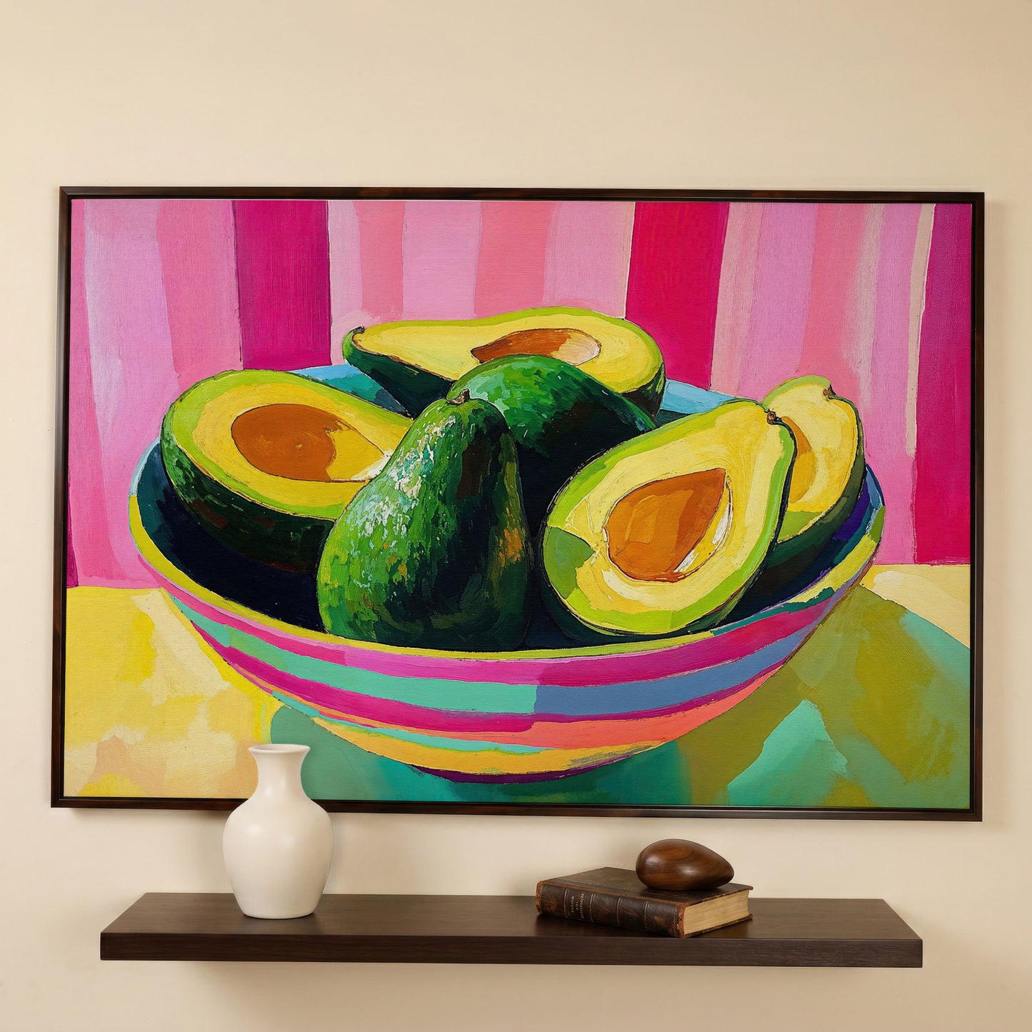 Avocado and Hot Pink Stripes Canvas in dark walnut floating frame