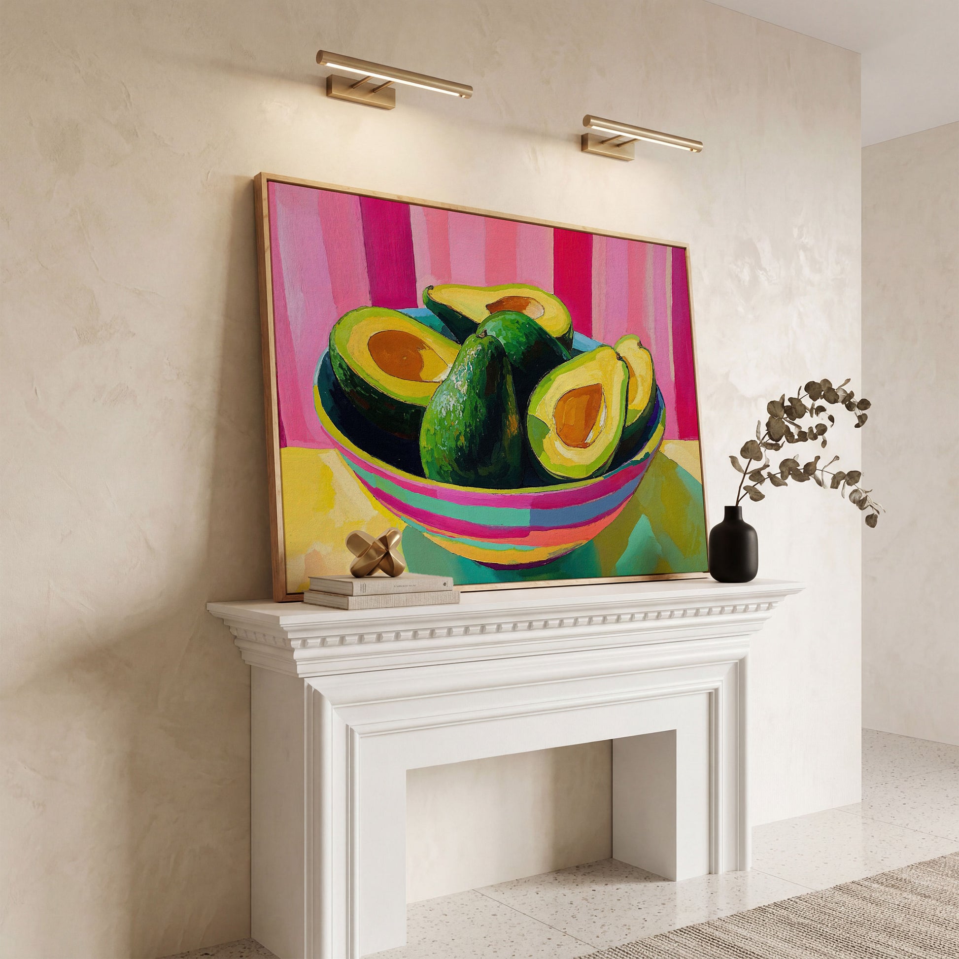 Avocado and Hot Pink Stripes Canvas in white oak floating frame