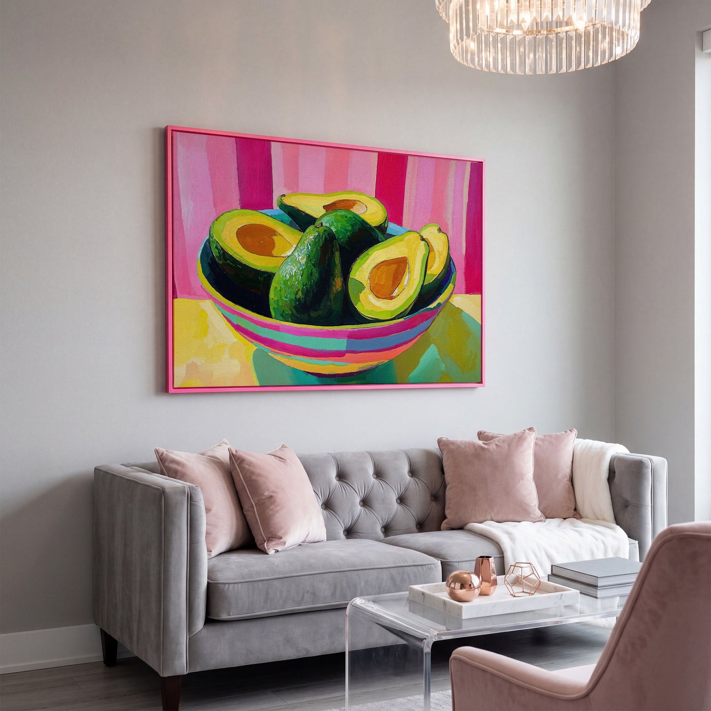 Avocado and Hot Pink Stripes Canvas in pink floating frame