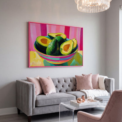 Avocado and Hot Pink Stripes Canvas in pink floating frame