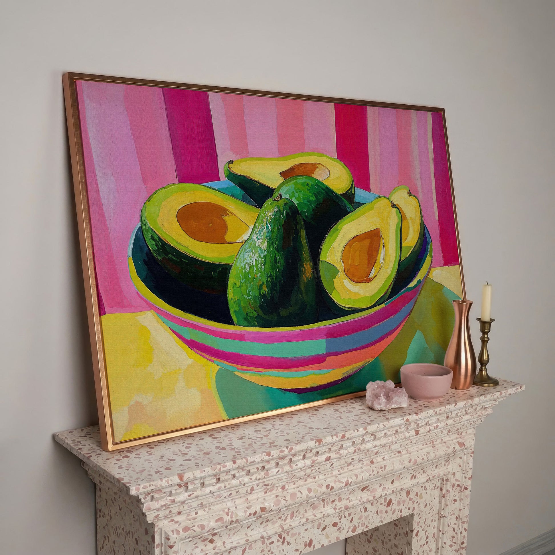 Avocado and Hot Pink Stripes Canvas in rose gold floating frame