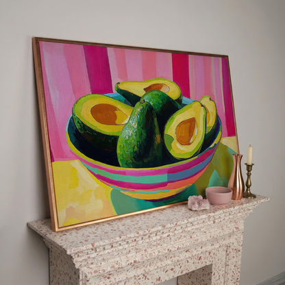 Avocado and Hot Pink Stripes Canvas in rose gold floating frame