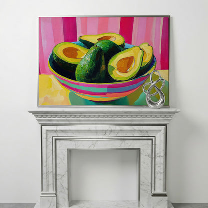 Avocado and Hot Pink Stripes Canvas in silver floating frame