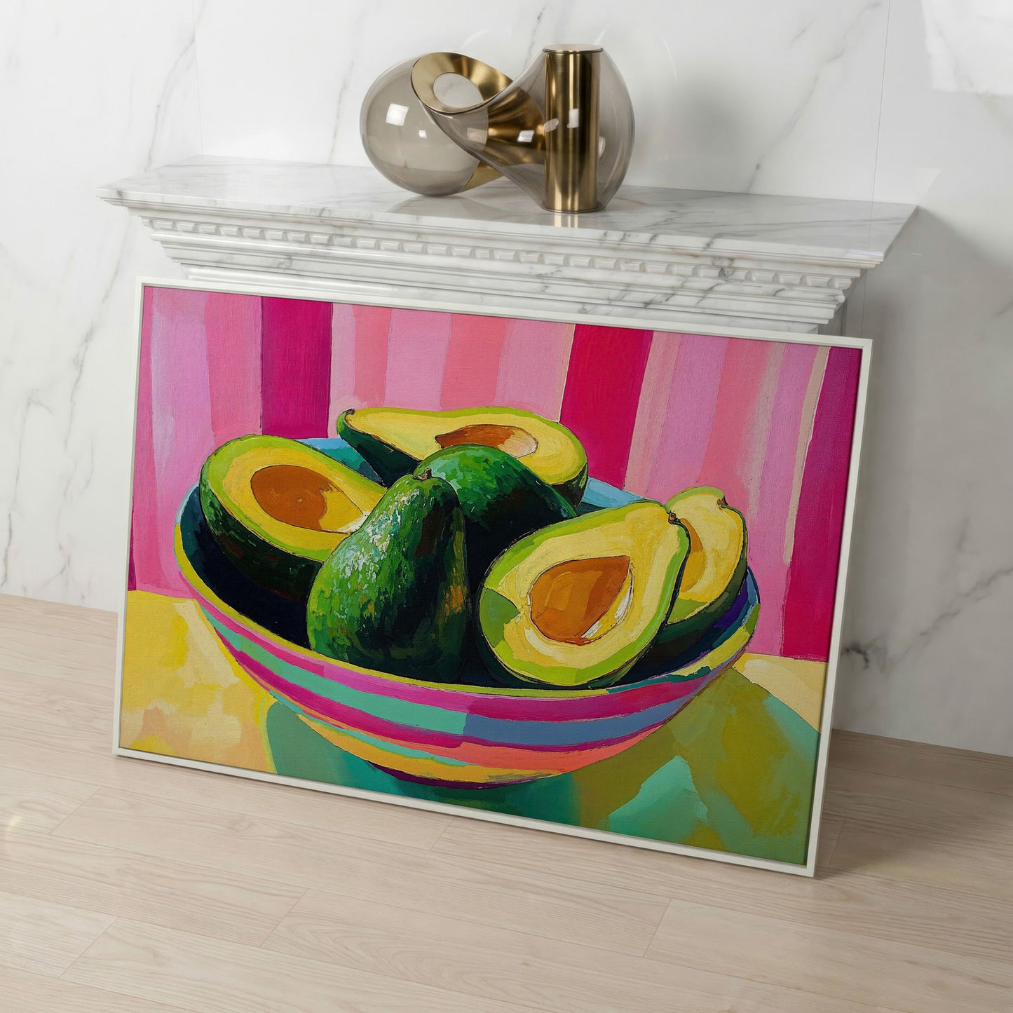 Avocado and Hot Pink Stripes Canvas in white floating frame