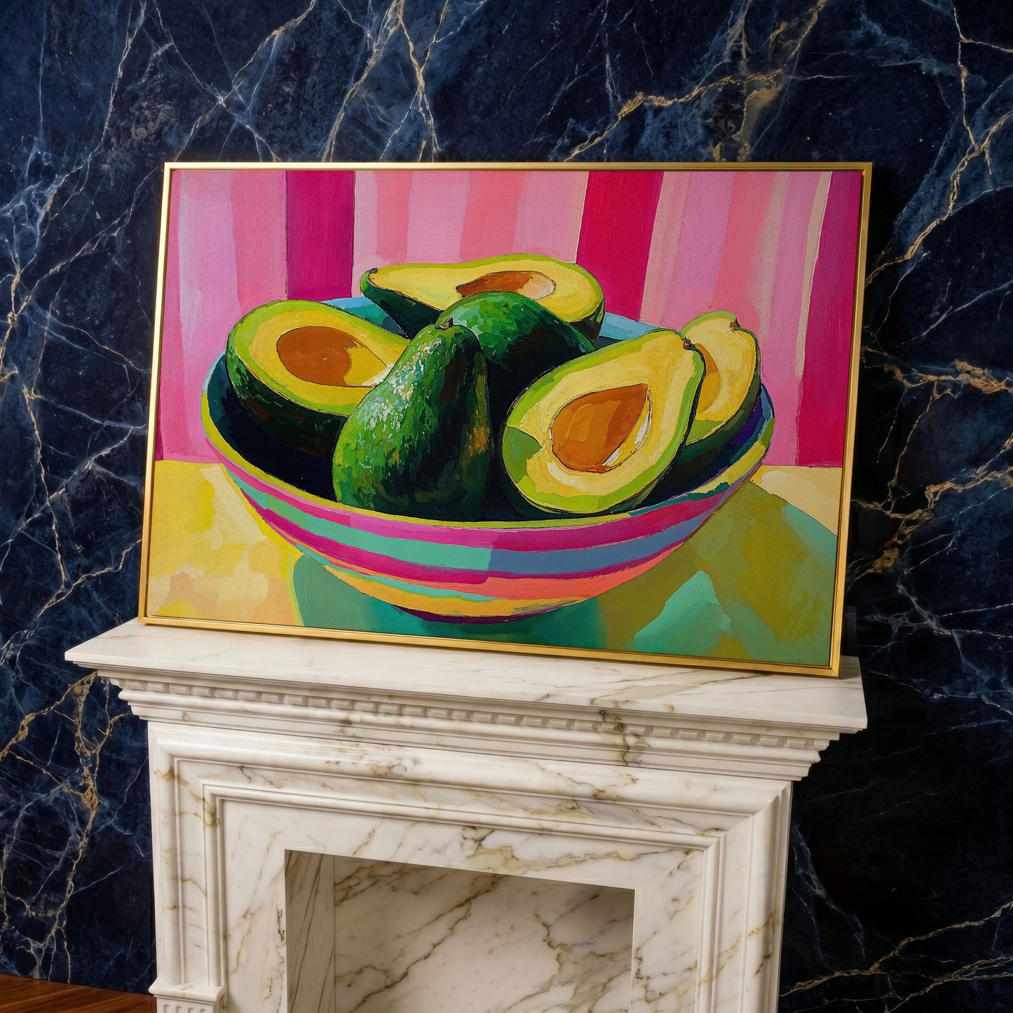 Avocado and Hot Pink Stripes Canvas in yellow gold floating frame