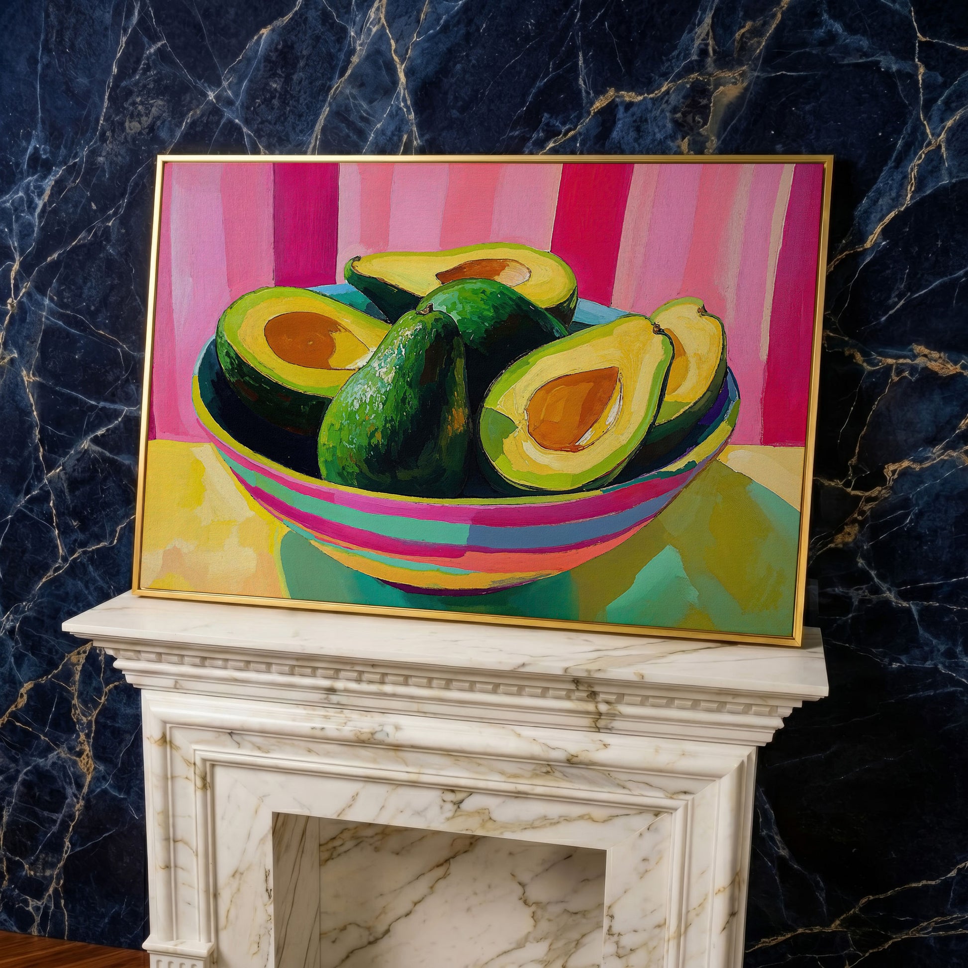 Avocado and Hot Pink Stripes Canvas in yellow gold floating frame
