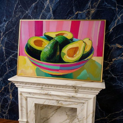 Avocado and Hot Pink Stripes Canvas in yellow gold floating frame