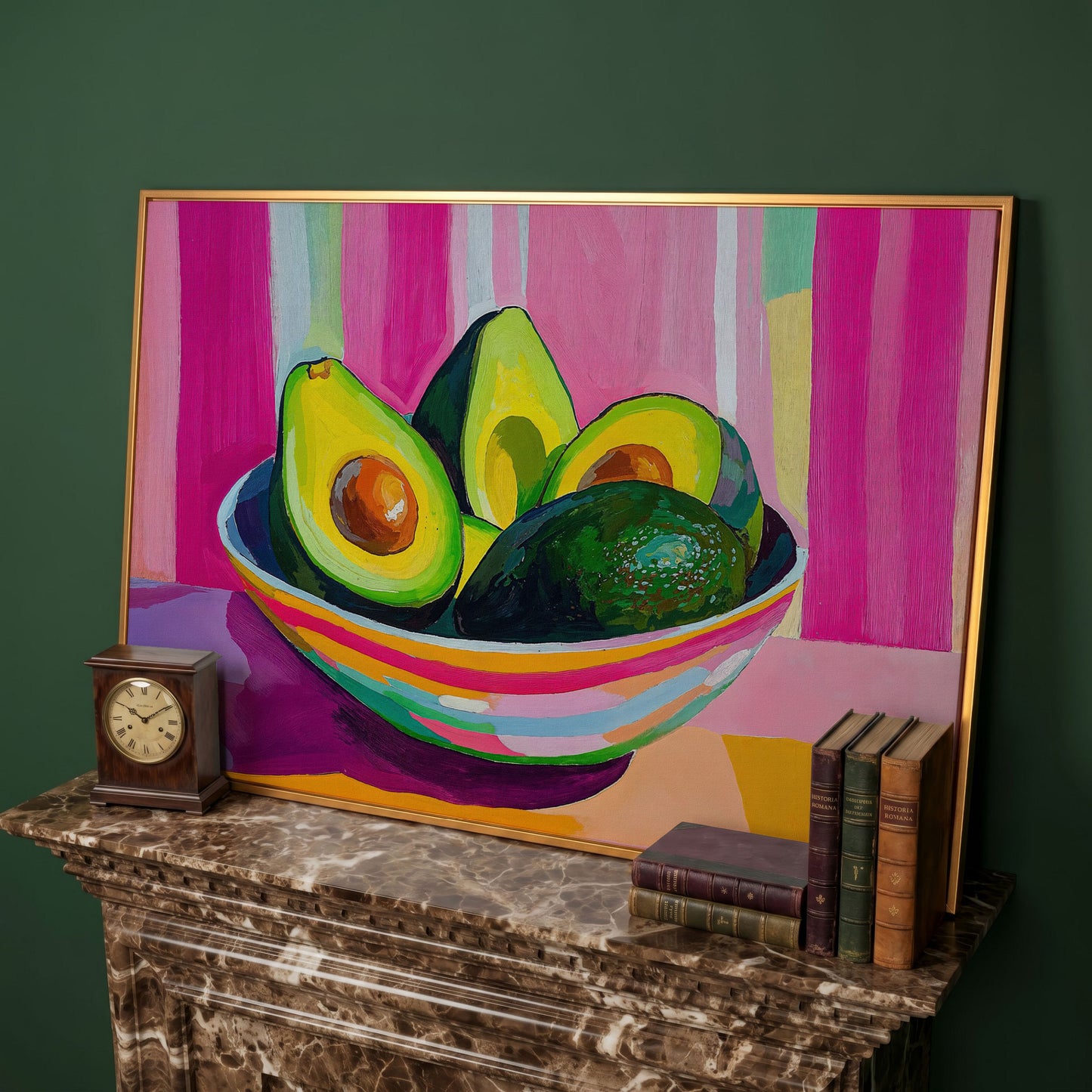 Colorful Avocado Still Life Canvas for Modern Kitchens in antique gold floating frame