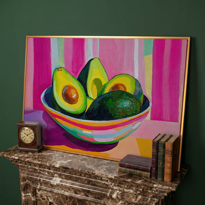 Colorful Avocado Still Life Canvas for Modern Kitchens in antique gold floating frame