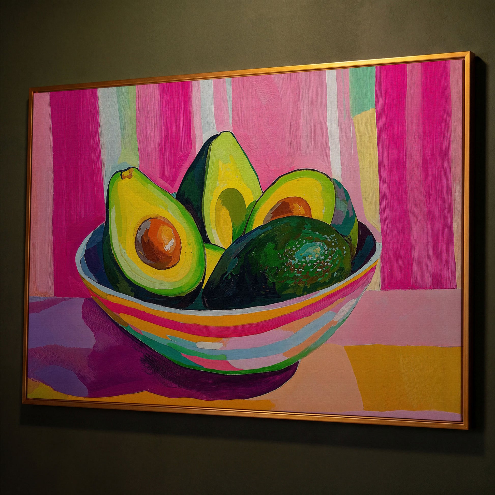 Colorful Avocado Still Life Canvas for Modern Kitchens shown in antique gold floating frame