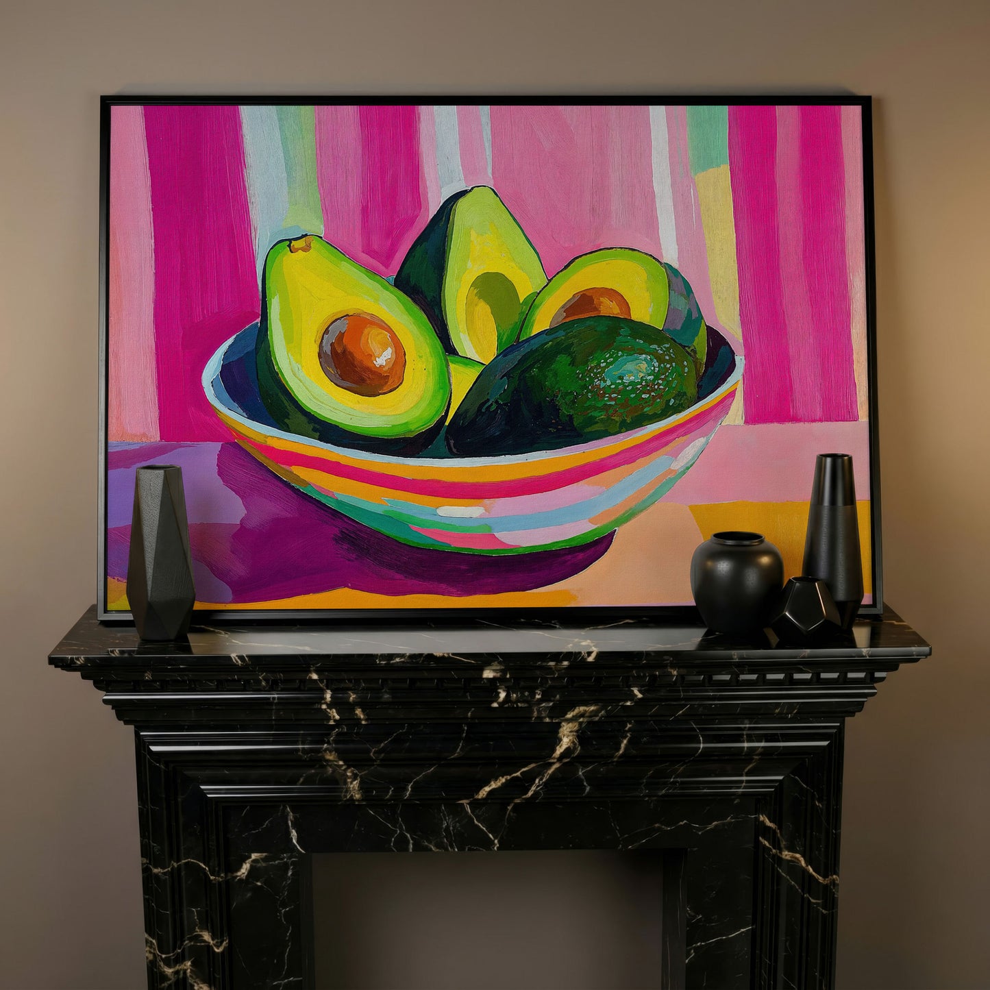 Colorful Avocado Still Life Canvas for Modern Kitchens in black floating frame