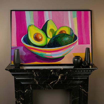 Colorful Avocado Still Life Canvas for Modern Kitchens in black floating frame