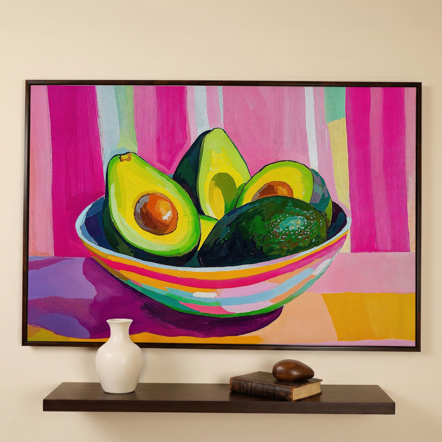 Colorful Avocado Still Life Canvas for Modern Kitchens in dark walnut floating frame