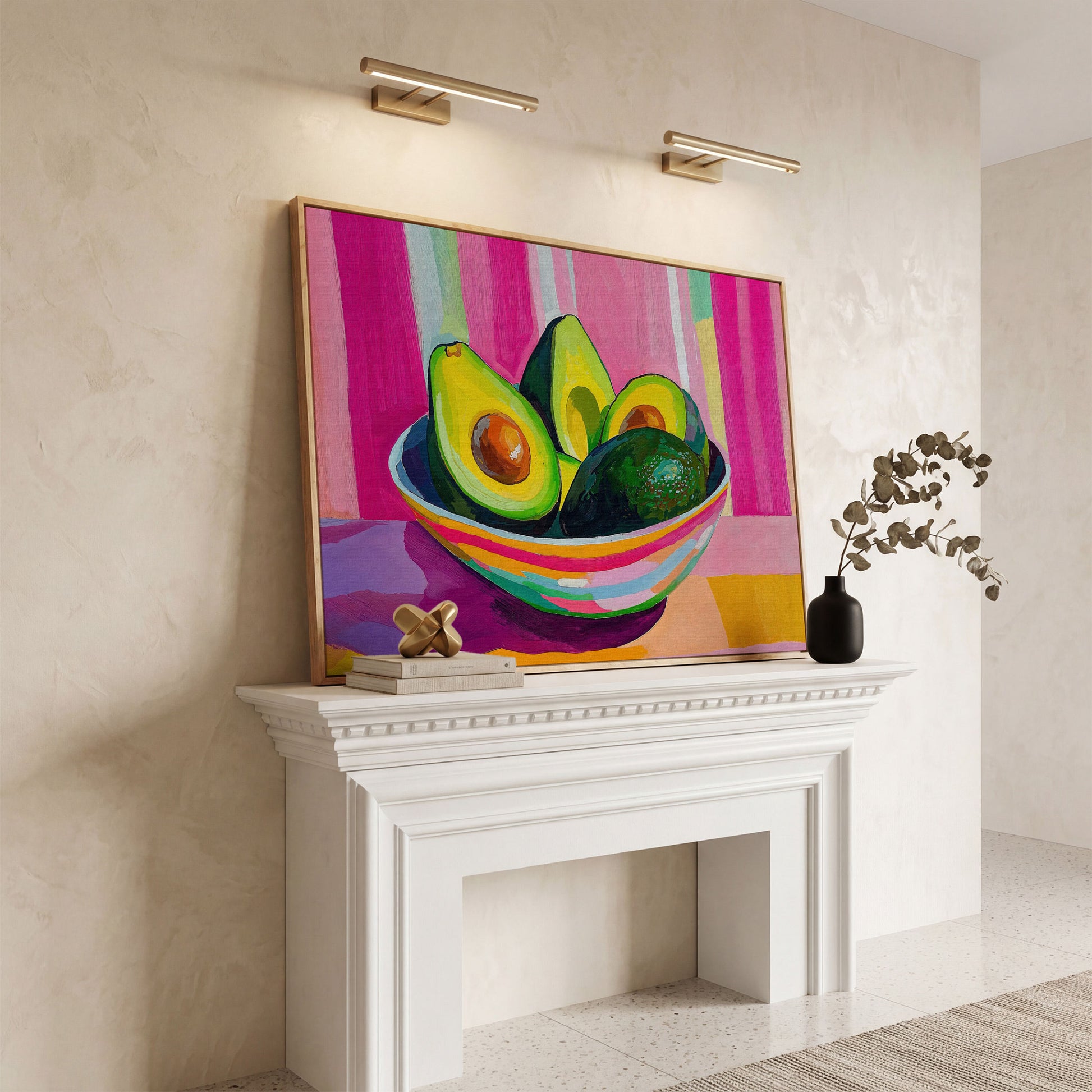 Colorful Avocado Still Life Canvas for Modern Kitchens in white oak floating frame