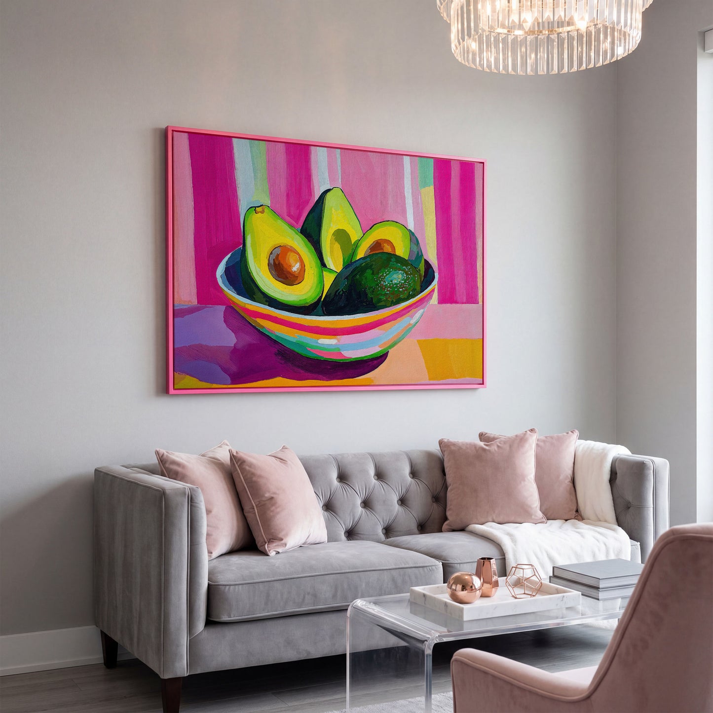 Colorful Avocado Still Life Canvas for Modern Kitchens in pink floating frame