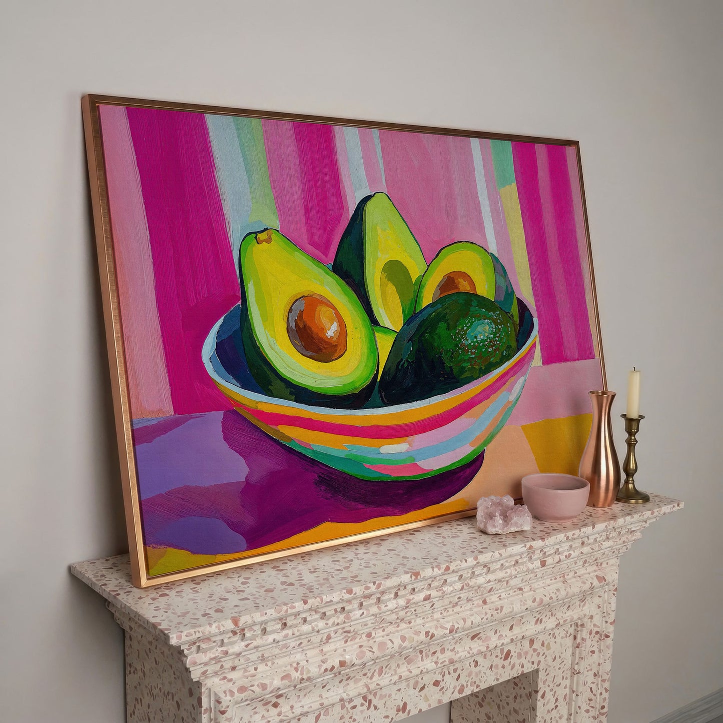 Colorful Avocado Still Life Canvas for Modern Kitchens in rose gold floating frame