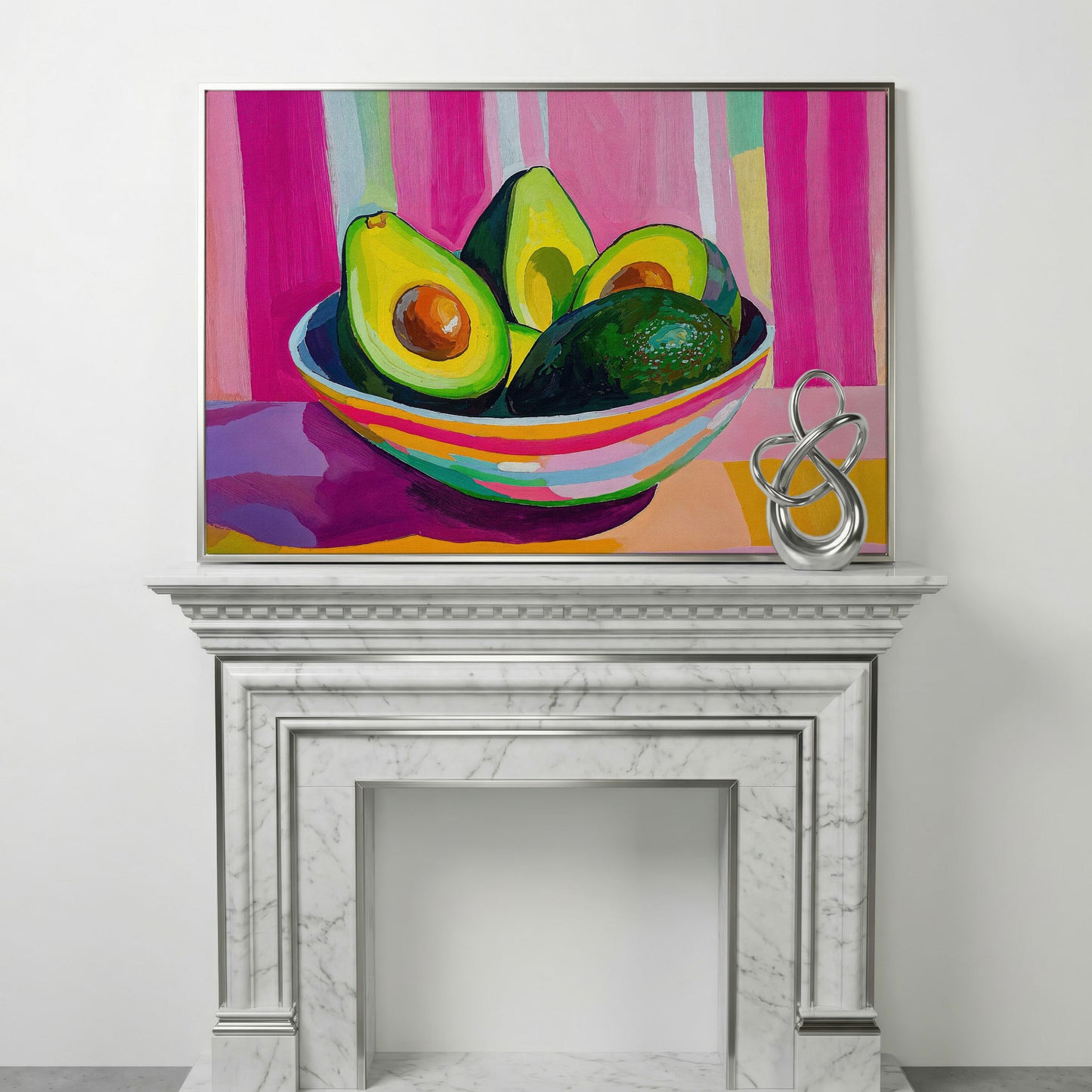 Colorful Avocado Still Life Canvas for Modern Kitchens in silver floating frame