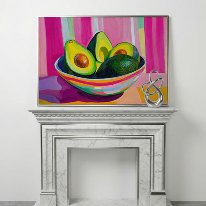 Colorful Avocado Still Life Canvas for Modern Kitchens in silver floating frame