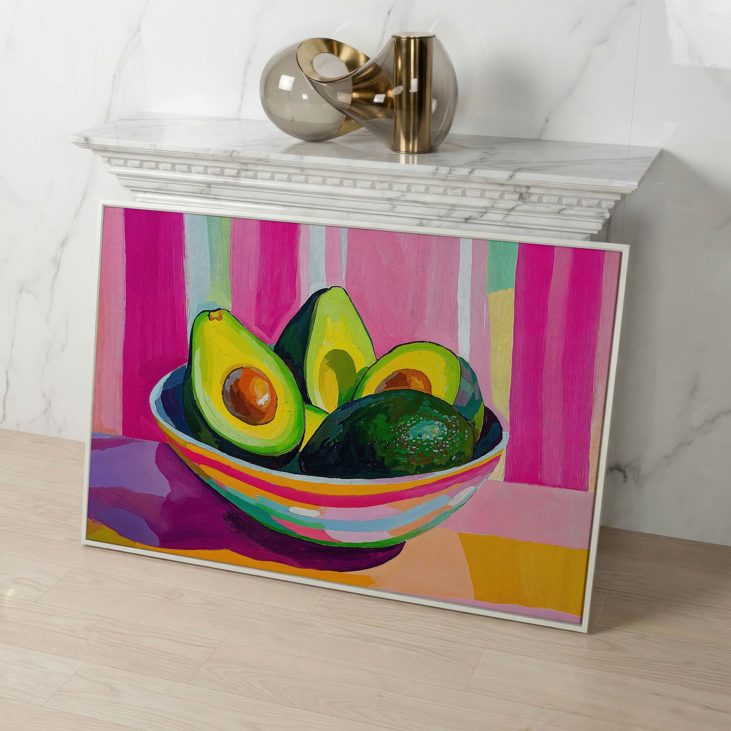 Colorful Avocado Still Life Canvas for Modern Kitchens in white floating frame