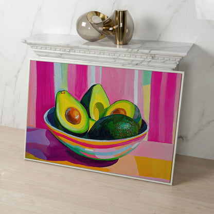 Colorful Avocado Still Life Canvas for Modern Kitchens in white floating frame