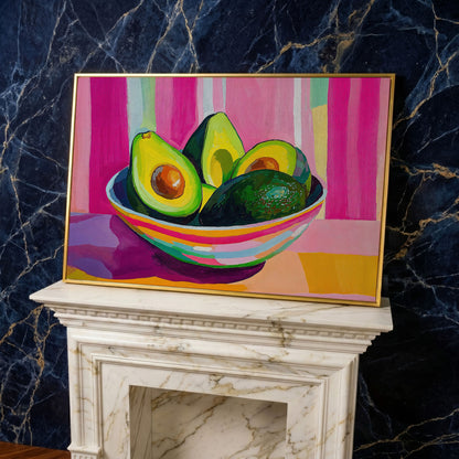 Colorful Avocado Still Life Canvas for Modern Kitchens in yellow gold floating frame