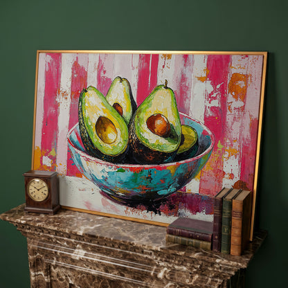 Avocado Bowl on Pink Canvas Wall Art in antique gold floating frame
