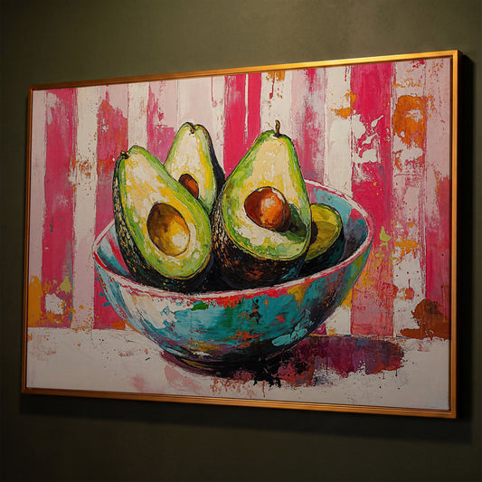 Avocado Bowl on Pink Canvas Wall Art shown in antique gold floating frame