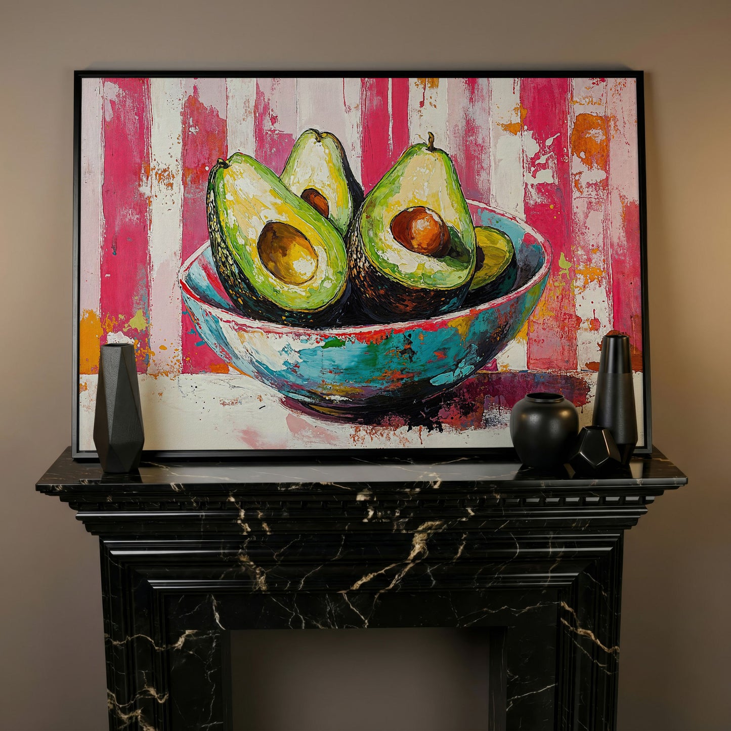 Avocado Bowl on Pink Canvas Wall Art in black floating frame
