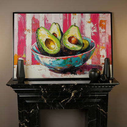 Avocado Bowl on Pink Canvas Wall Art in black floating frame