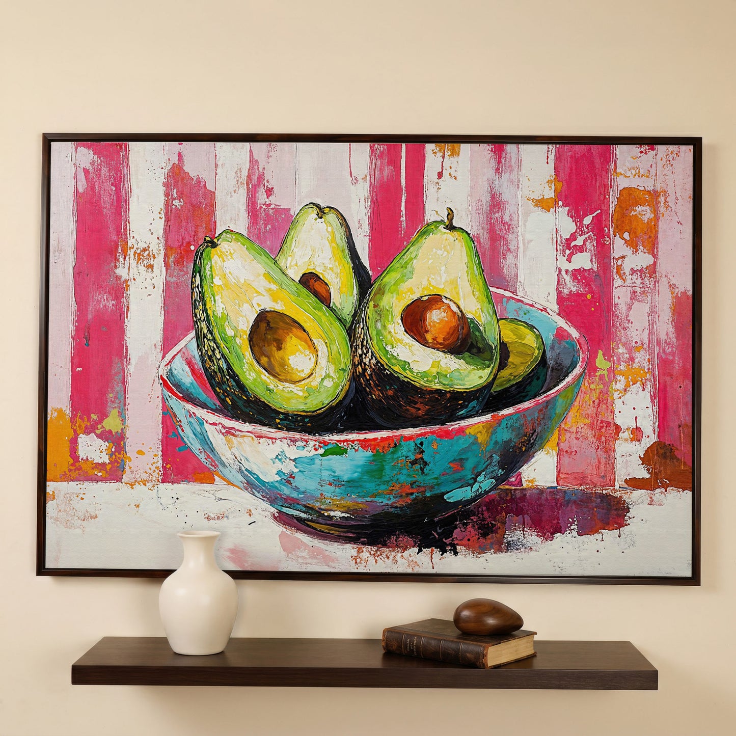 Avocado Bowl on Pink Canvas Wall Art in dark walnut floating frame