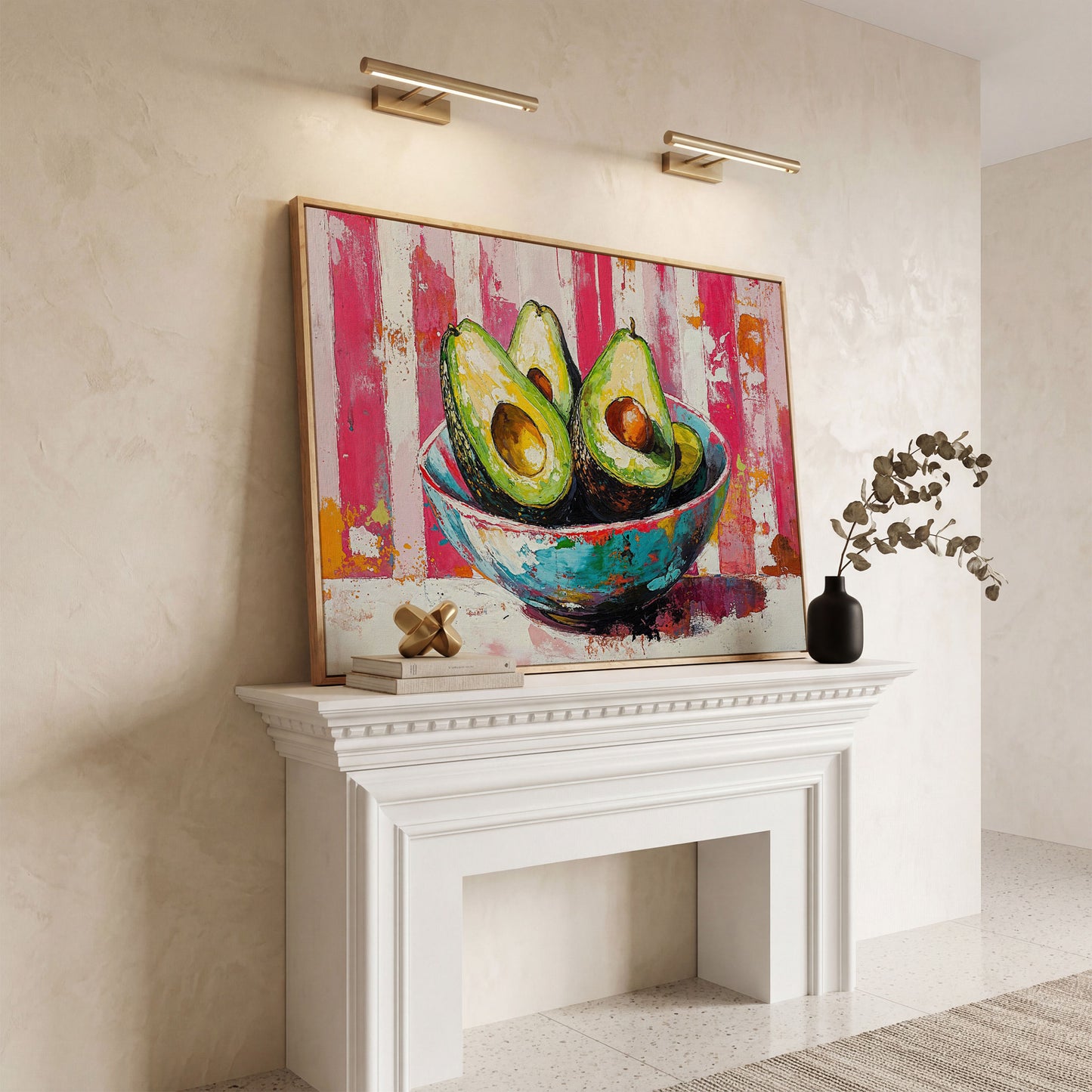 Avocado Bowl on Pink Canvas Wall Art in white oak floating frame