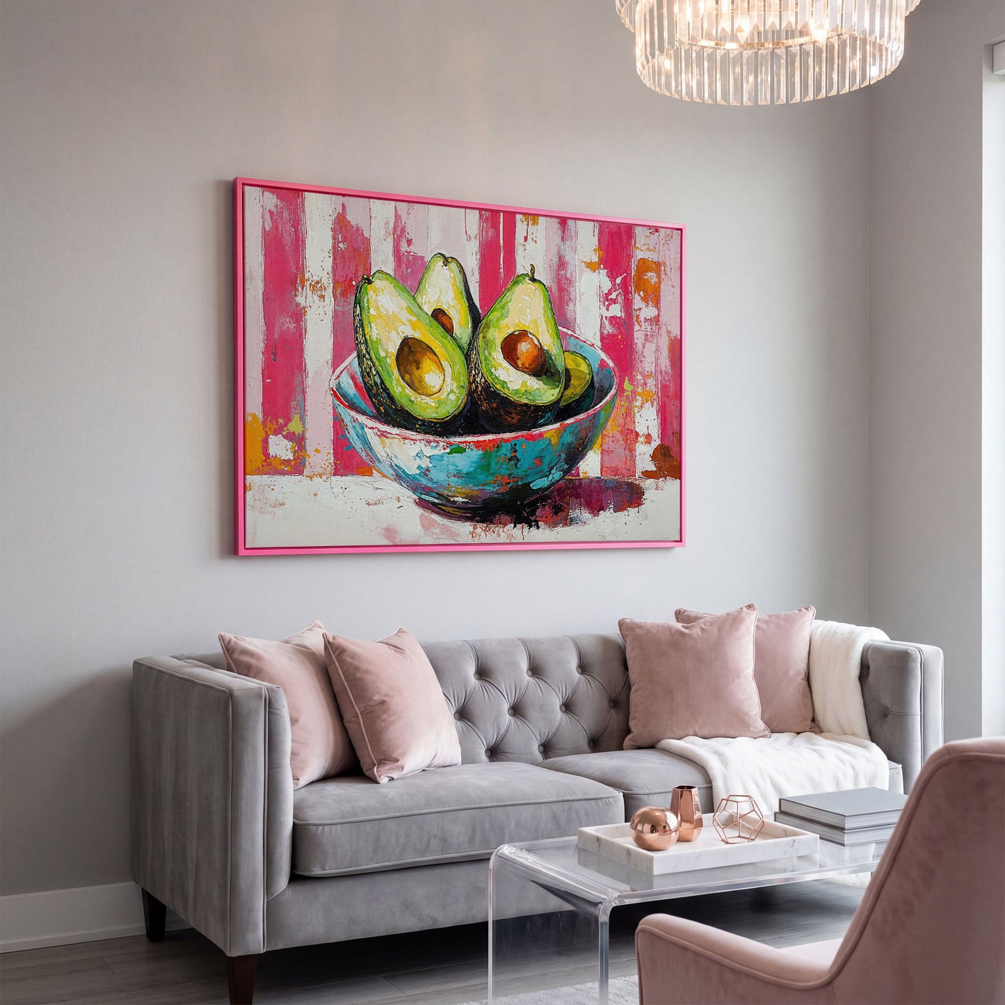 Avocado Bowl on Pink Canvas Wall Art in pink floating frame