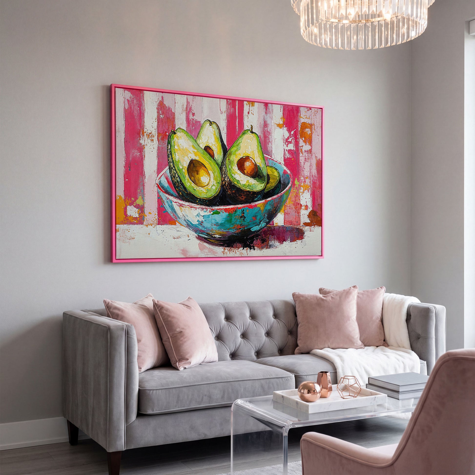 Avocado Bowl on Pink Canvas Wall Art in pink floating frame
