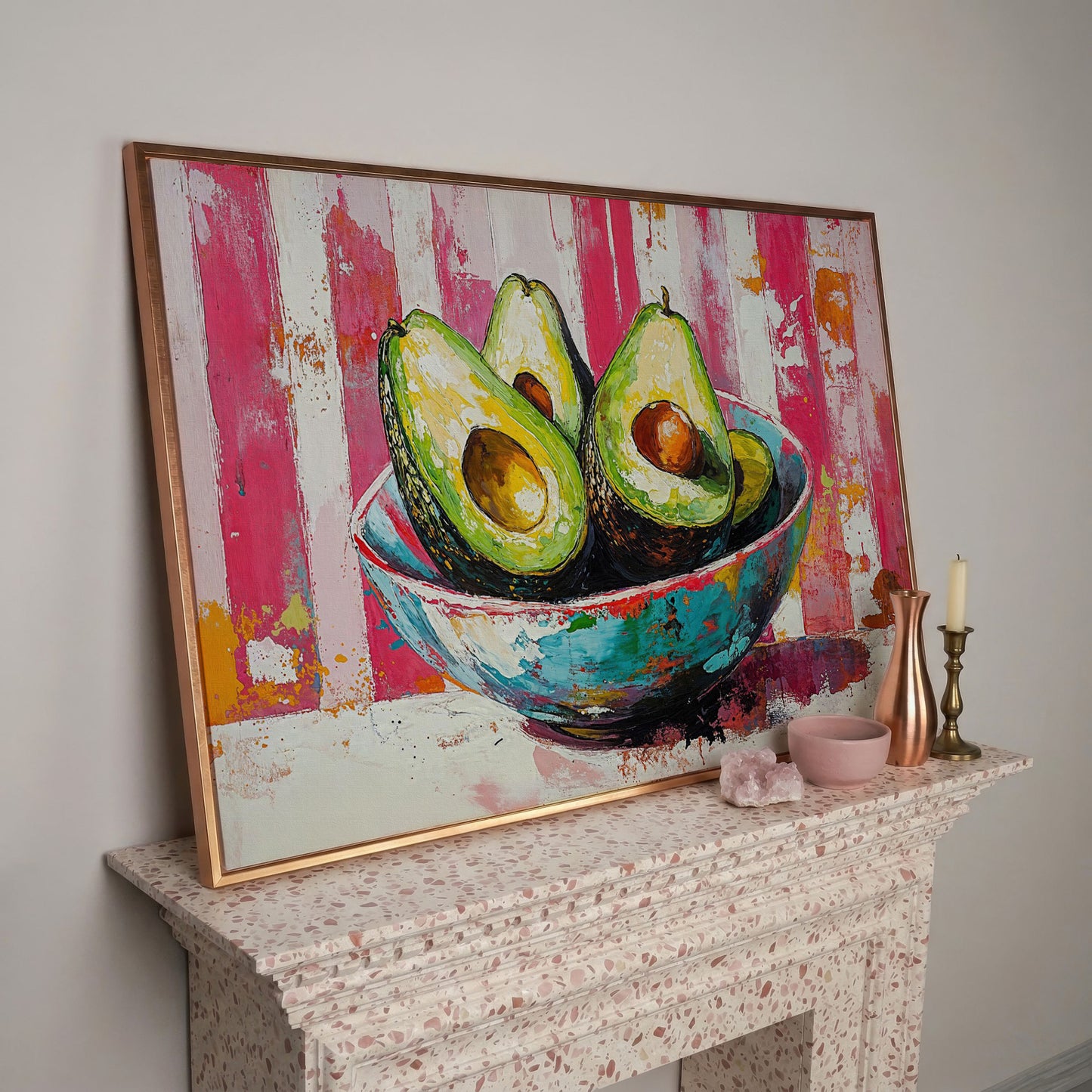 Avocado Bowl on Pink Canvas Wall Art in rose gold floating frame