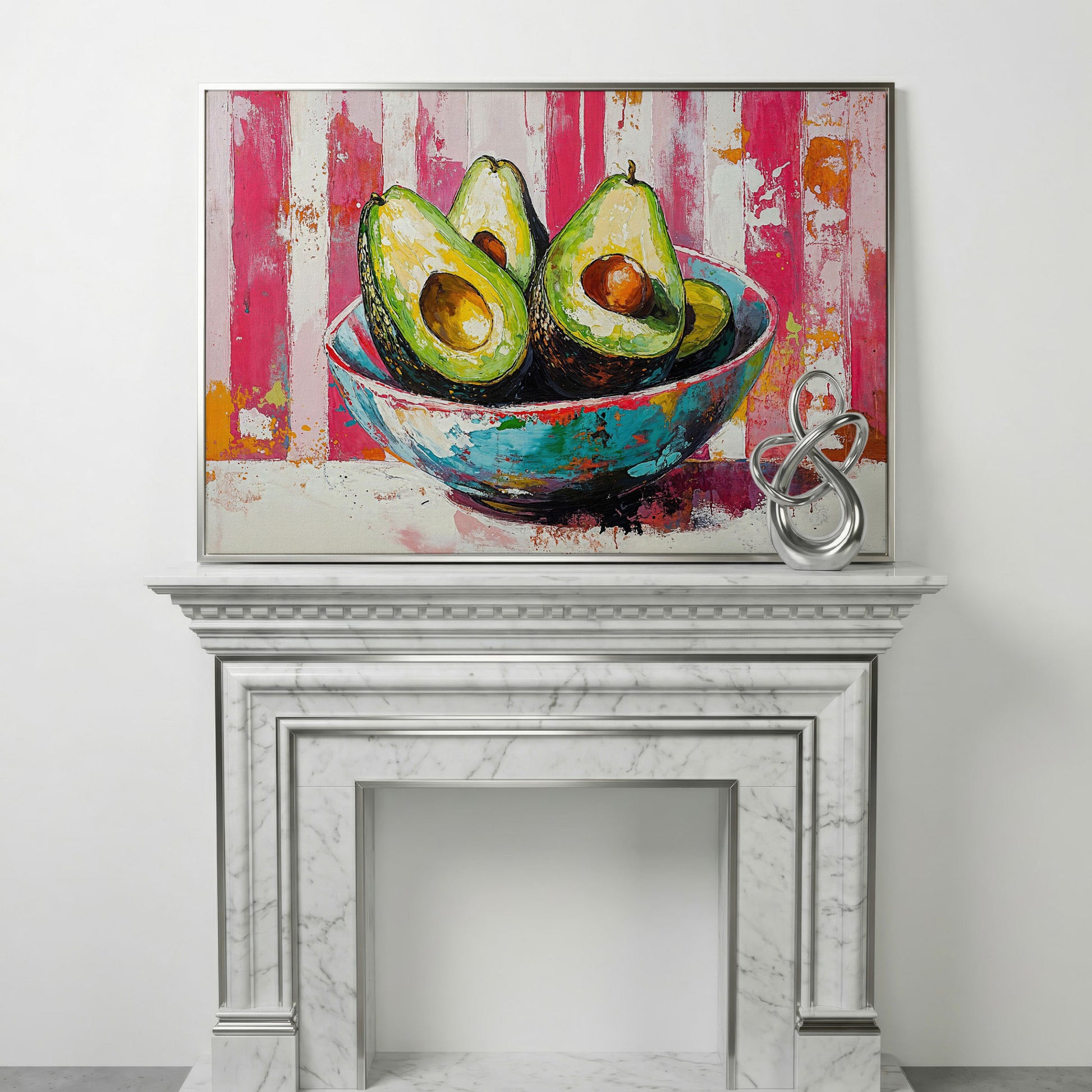Avocado Bowl on Pink Canvas Wall Art in silver floating frame