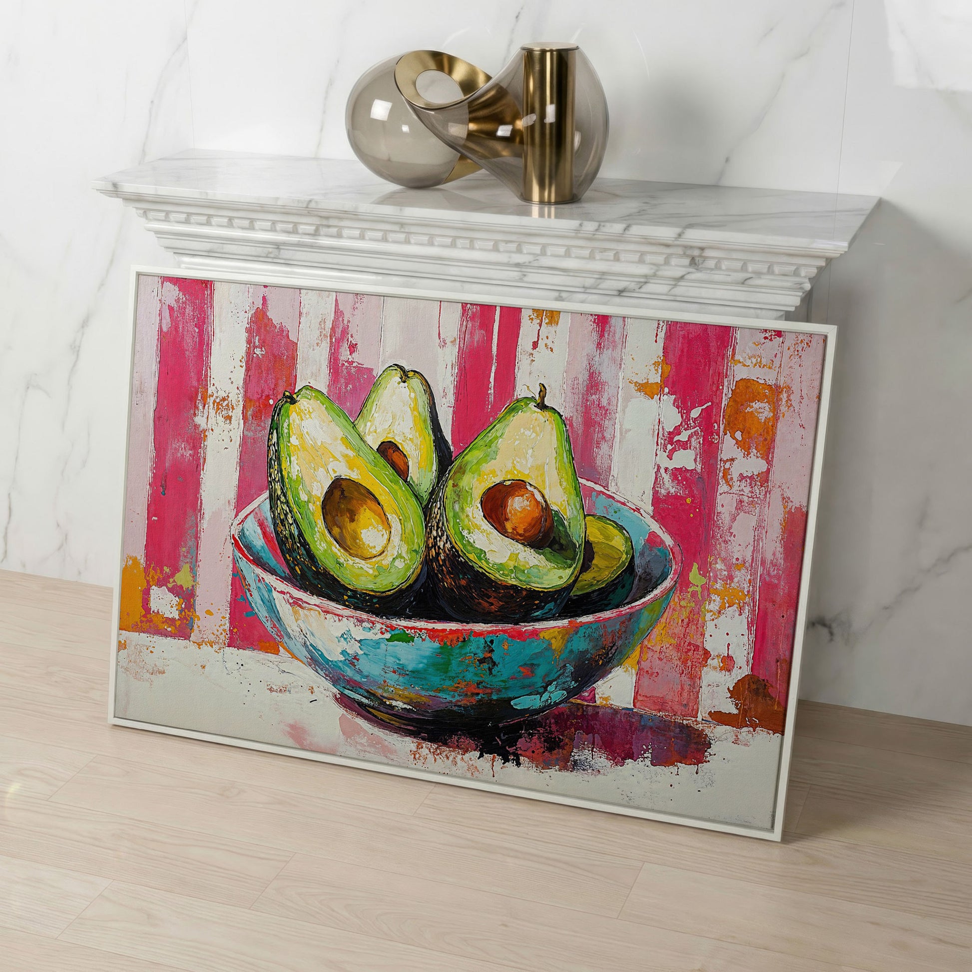 Avocado Bowl on Pink Canvas Wall Art in white floating frame