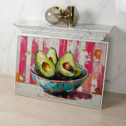 Avocado Bowl on Pink Canvas Wall Art in white floating frame
