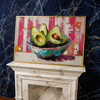 Avocado Bowl on Pink Canvas Wall Art in yellow gold floating frame