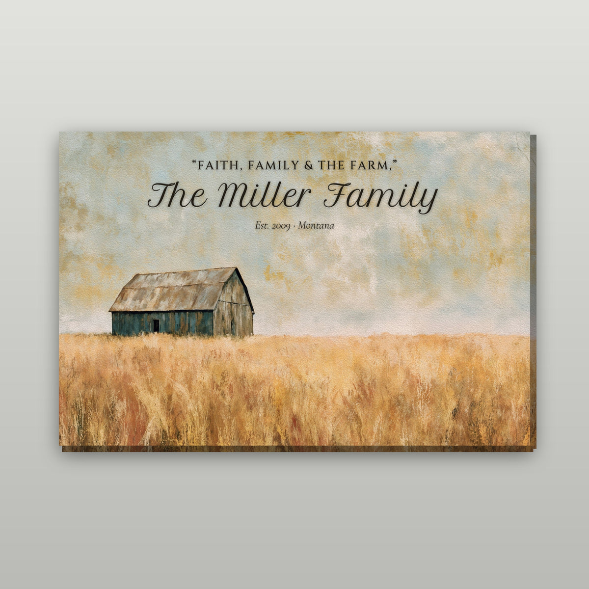Old Barn personalized canvas wall art with sample wording, gallery wrap on a wall