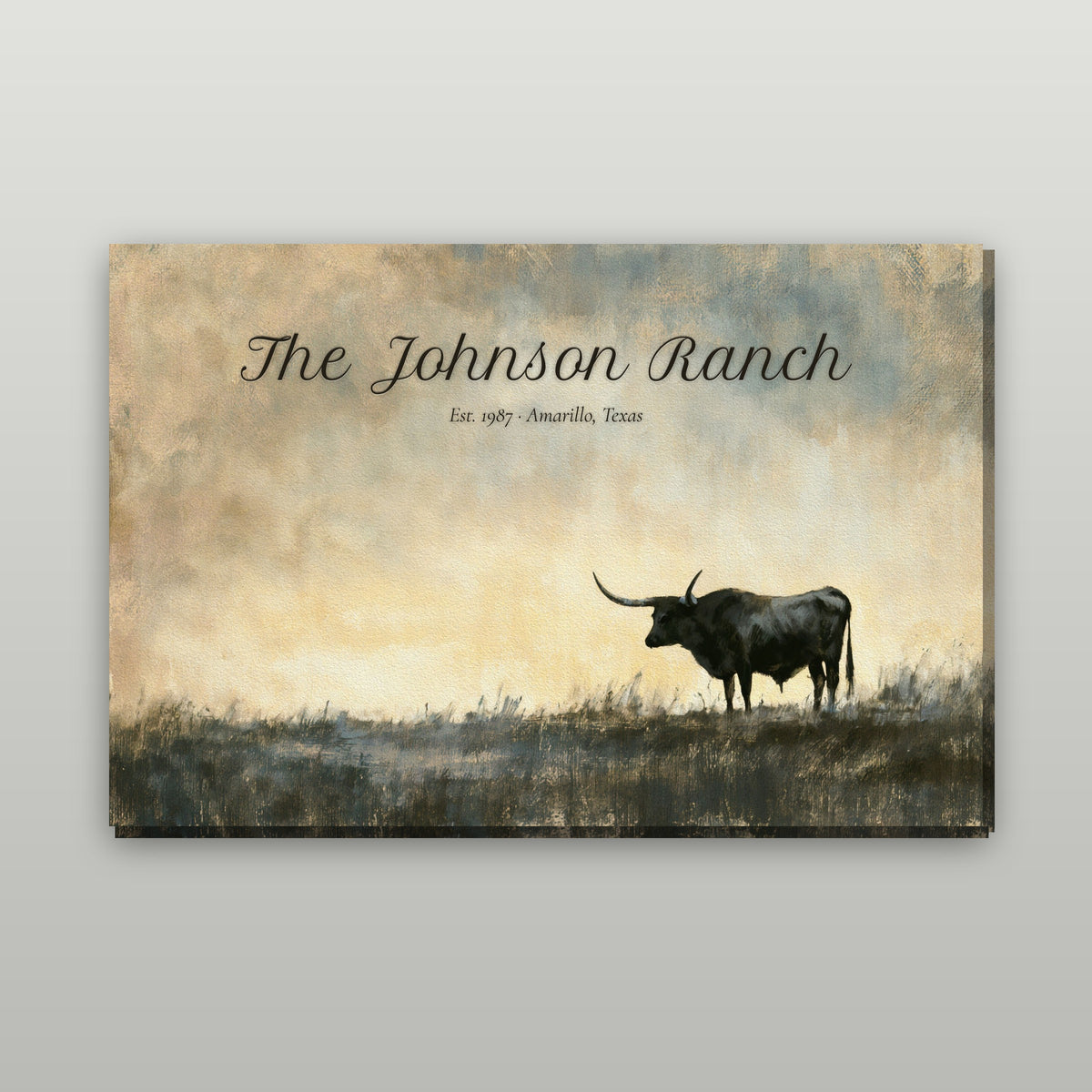 Lone Longhorn personalized canvas wall art with sample wording, gallery wrap on a wall