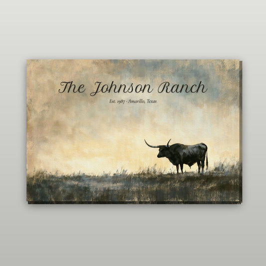 Lone Longhorn personalized canvas wall art with sample wording, gallery wrap on a wall