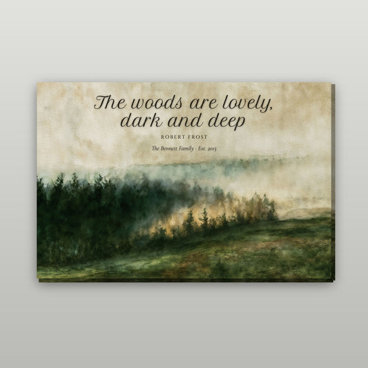 Pines in Fog personalized canvas wall art with sample wording, gallery wrap on a wall