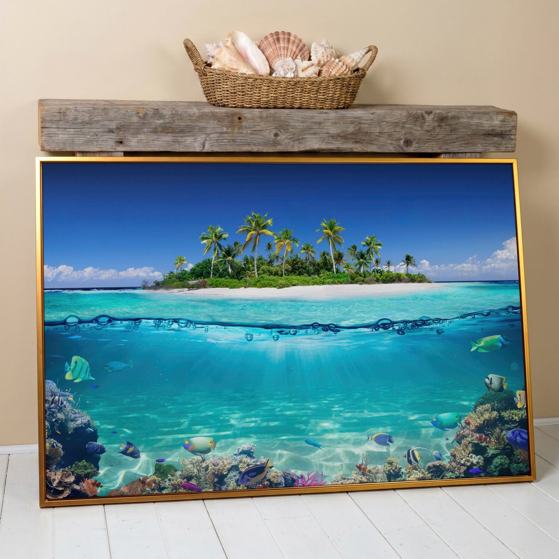 Tropical Island and Coral Reef Split-View Canvas in antique gold floating frame