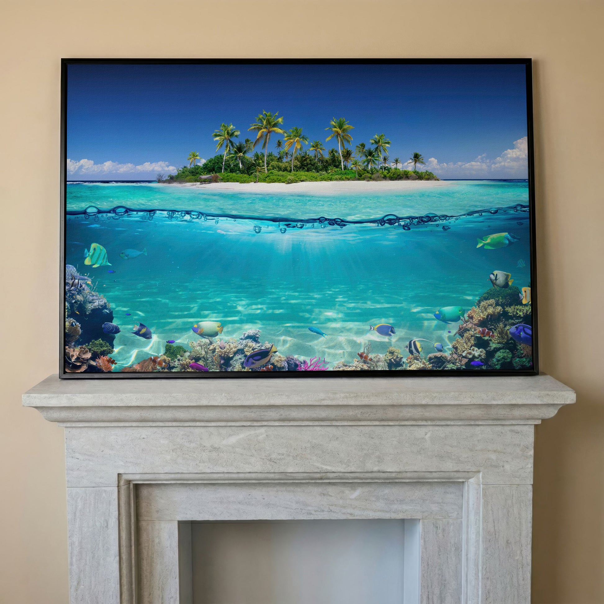 Tropical Island and Coral Reef Split-View Canvas in black floating frame